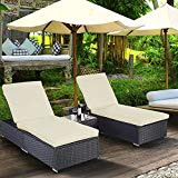 TANGKULA 3 Piece Chaise Lounge Chair Set Patio Outdoor Wicker Chaise Furniture with Heavy Duty Padded Cushions Adjustable Backrest Non-Slip Covered Lounger Chair & Tempered Glass Coffee Table (Black) For Sale
