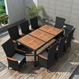 Festnight 9 Piece Outdoor Garden Dining Set Poly Rattan Table Chairs Black Acacia Wood