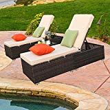 Cheap Do4U 3 Pieces Outdoor Chaise Lounge – Easy to Assemble Chaise Longue – Thick & Comfy Cushion Wicker Lounge Chairs Include 1 Table and 2 Chaise Lounge- Mix Rattan with Light Brown Cushion (7333-MIX)