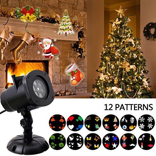Christmas Light Projector, JUSTUP LED Landscape Projector Spotlight Patio Lawn light with 12pcs Switchable Pattern Waterproof for Christmas Halloween Holiday Home Decoration Wall (12 slides)