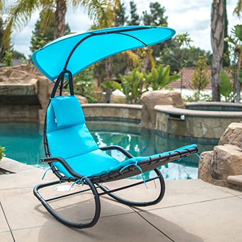 Belleze Hanging Rocking Lounge Chair Sun Shade Chaise Chair Powder Coated Arc Frame Padded Cushion Patio, Blue Review