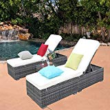 Cheap Do4U 3 Pcs Outdoor Chaise Lounge – Easy to Assemble – Thick & Comfy Cushion Wicker Lounge Chairs Include 1 Table and 2 Chaise Lounge- Dark Grey Rattan with Beige Cushion (Grey-8003)