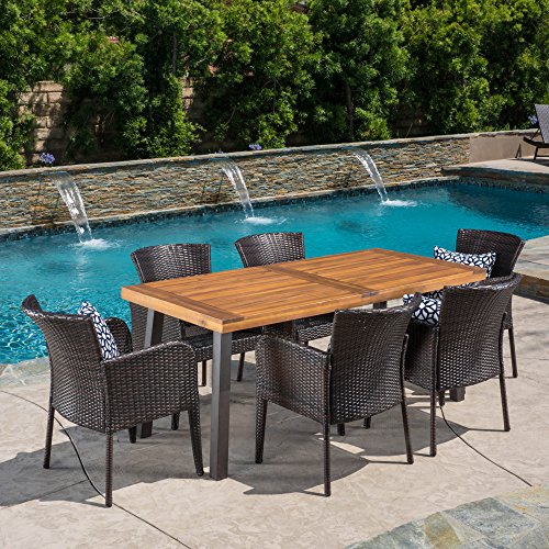 Cheap Great Deal Furniture | Delgado 7-Piece Outdoor Dining Set | Wood Table w/Wicker Chairs | in Multibrown