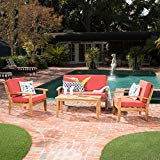 Preston 4 Piece Wood Outdoor Patio Seating Chat Set w/Red Cushions For Sale