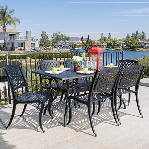 Great Deal Furniture 295848 Marietta | 7 Piece Cast Aluminum Outdoor Dining S, Black For Sale