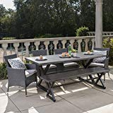 Owenburg Outdoor 6 Piece Grey Aluminum Dining Set with Bench and Grey Wicker Dining Chairs with Silver Water Resistant Cushions For Sale