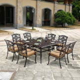 DOMI OUTDOOR LIVING Traditions Cast Aluminum 9-Piece Dining Set with Seat Cushions and 63-Inch Square Dining Table, Antique Bronze Finish For Sale