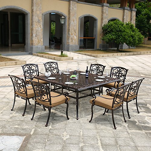 DOMI OUTDOOR LIVING Traditions Cast Aluminum 9-Piece Dining Set with Seat Cushions and 63-Inch Square Dining Table, Antique Bronze Finish For Sale