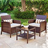 Cheap Solaura 3-Piece Outdoor Furniture Brown Wicker Bistro Set Light Brown Cushions & Classic Gold Stripe Throw Pillows Coffee Table