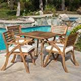 Christopher Knight Home 296620 Deal Furniture Deandra | 5-Piece Wood Outdoor Dining Set with Cu, Natural Stain For Sale