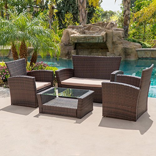 Belleze 4pc Patio Conversation Set Outdoor Wicker UV Coffee Table Backyard Furniture Garden Sectional Sofa, Brown