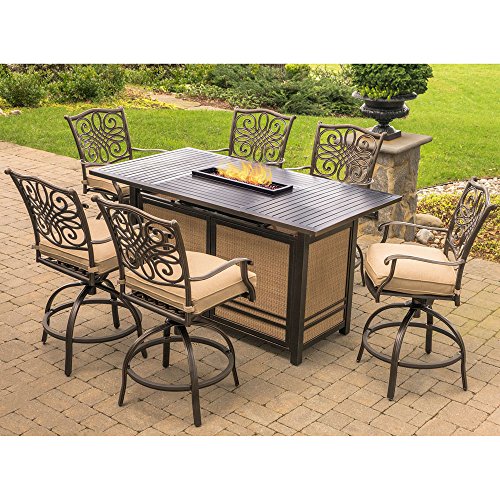 Hanover TRAD7PCFPBR Traditions 7-Piece High-Dining Set in Tan with 30,000 BTU Fire Pit Table Outdoor Furniture