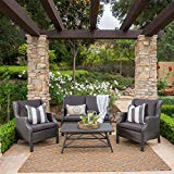 Great Deal Furniture Lani Outdoor 4 Piece Grey Wicker Chat Set with Black Water Resistant Cushions