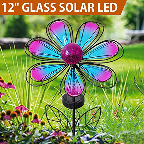 BRIGHT ZEAL 12″ Large METAL & GLASS Solar Flowers Yard Art – Outdoor Garden Decorations LED Solar Garden Statue – Yard Decorations Solar Lights – Flower Lights Backyard Solar Garden Decor BZA