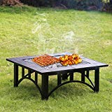 Cheap Kinbor 33-Inch BBQ Grill Portable Wood Burning Fire Pits Iron Backyard Patio Garden Square Fire Pit with Cooking Grill, Spark Screen and Free Waterproof PVC Cover