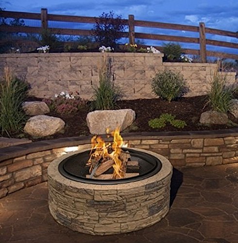 Cast Stone Wood Burning Fire Pit 35? Diameter Steel Base By Huntington Cove w/ 26? Mesh Screen Spark Protector w/ Lift Hook, Large Heat Resistant Fire Bowl, Appealing Medium Brown Simulated Stone Base Review