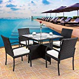 TANGKULA 5 Piece Dining Set Patio Furniture Outdoor Garden Lawn Rattan Wicker Table and Chairs Set Conversation Chat Set with Tempered Glass Top Table (Square Table) For Sale TANGKULA 5 Piece Dining Set Patio Furniture Outdoor Garden Lawn Rattan Wicker Table and Chairs Set Conversation Chat Set with Tempered Glass Top Table (Square Table) For Sale