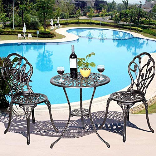 Casart 3 Pcs Bistro Set Cast Tulip Design Antique Outdoor Patio Furniture Weather Resistant Garden Round Table and Chairs Set w/Umbrella Hole (Tulip Design) Review