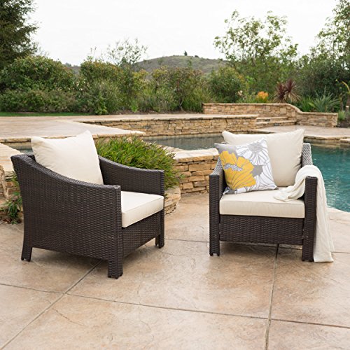 Caspian Outdoor Patio Furniture Multibrown Wicker Club Chair with Beige Water Resistant Fabric Cushions (Set of 2)