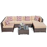 Cheap Super Patio 7 Piece Outdoor Furniture, Brown Wicker Rattan Furniture Patio Sectional Sofa Set, Beige Cushion