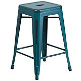 Flash Furniture 24” High Backless Distressed Kelly Blue-Teal Metal Indoor-Outdoor Counter Height Stool For Sale