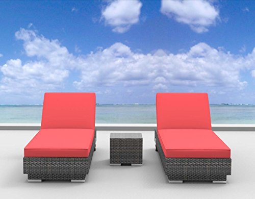 Urban Furnishing - BORACAY 3pc Modern Outdoor Backyard Wicker Rattan Patio Chaise Lounger Set - Coral Red