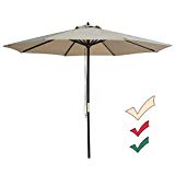 SUNNYARD 9 Ft Wood Market Patio Umbrella Outdoor Garden Yard Umbrella with Pulley Lift, 8 Ribs, Taupe