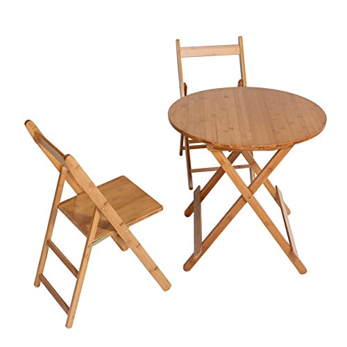 UNICOO - Bamboo Round Folding Deck Table, Card Tables, Patio Table, Bistro Set 3 Piece with Two Folding Chairs (T70-R)