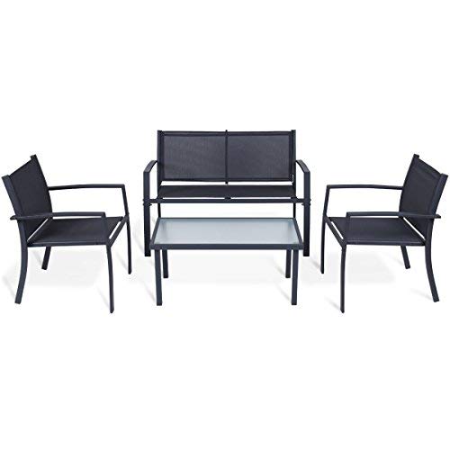 TANGKULA 4PCS Patio Conversation Set for Outdoor Indoor Use with Glass Top Coffee Table, Loveseat & 2 Chairs Home Living Room Furniture Balcony Garden Lawn Modern Patio Furniture Set, Black