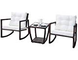 Leisure Zone 3 PCS Wicker Patio Rocking Chair Armchair Outdoor Porch Deck All Weather Gliding Rocker with Coffee Table, Beige Cushion