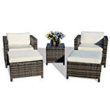 PATIOROMA 5-Piece Patio Conversation Set Outdoor Chairs and Ottomans Sets PE Wicker Grey Rattan 5 Piece Patio Set, White Cushion & Glass Coffee Table For Sale PATIOROMA 5-Piece Patio Conversation Set Outdoor Chairs and Ottomans Sets PE Wicker Grey Rattan 5 Piece Patio Set, White Cushion & Glass Coffee Table For Sale