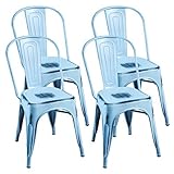 Merax PP035984CAA PP035984CAA-2 Indoor-Outdoor Use Tolix Style Distressed Metal Bistro A Dining Stackable Highback Chic Cafe Side Chair, Set of 4 (Antique Blue) For Sale